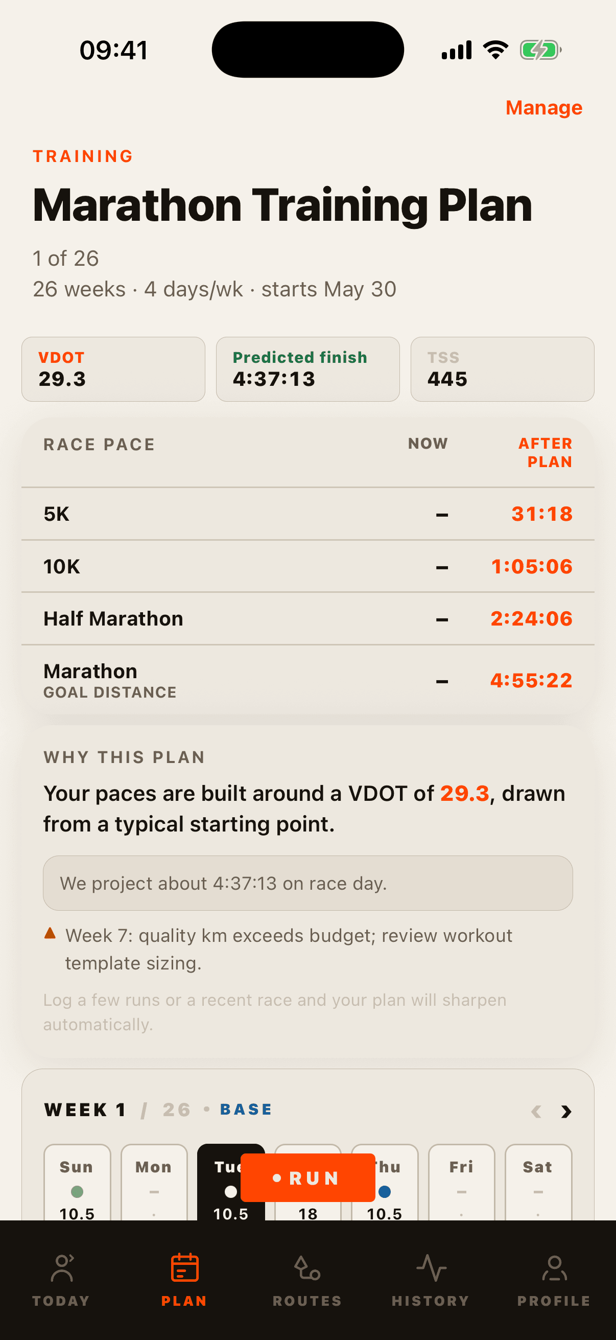 Runapt weekly training plan with paced workouts