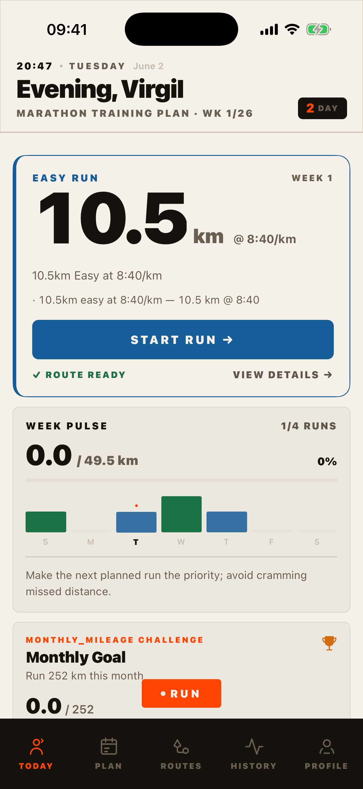 Runapt home screen showing today’s run, readiness, and fitness metrics