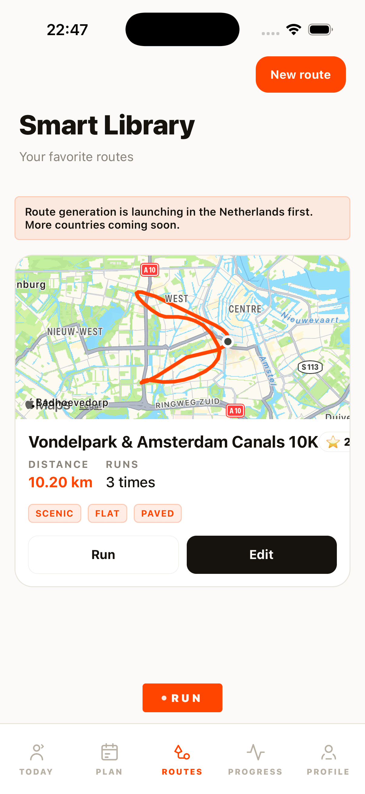 Runapt route generation screen showing an interactive map of the calculated running loop