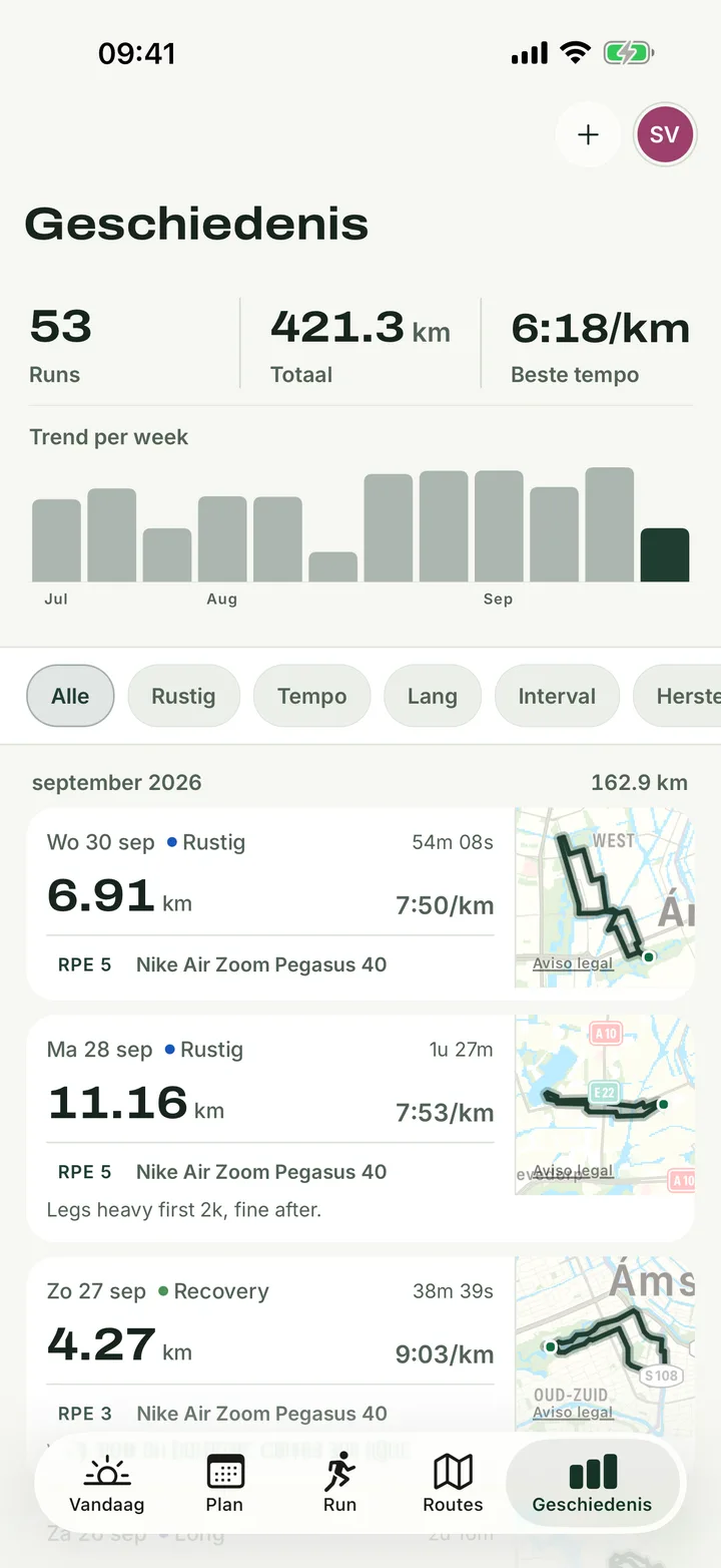 Loopgeschiedenis en weektrend in de Runapt-app