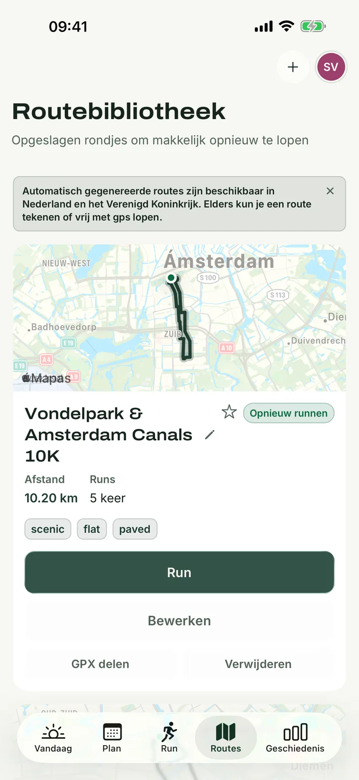 Een opgeslagen route in de Runapt-app