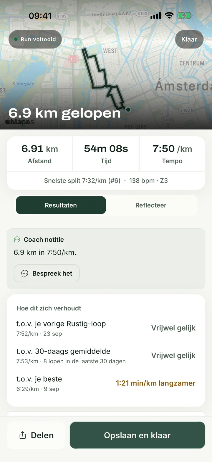 Runapt run-overzicht en samenvatting met streeftempo en coachnotities