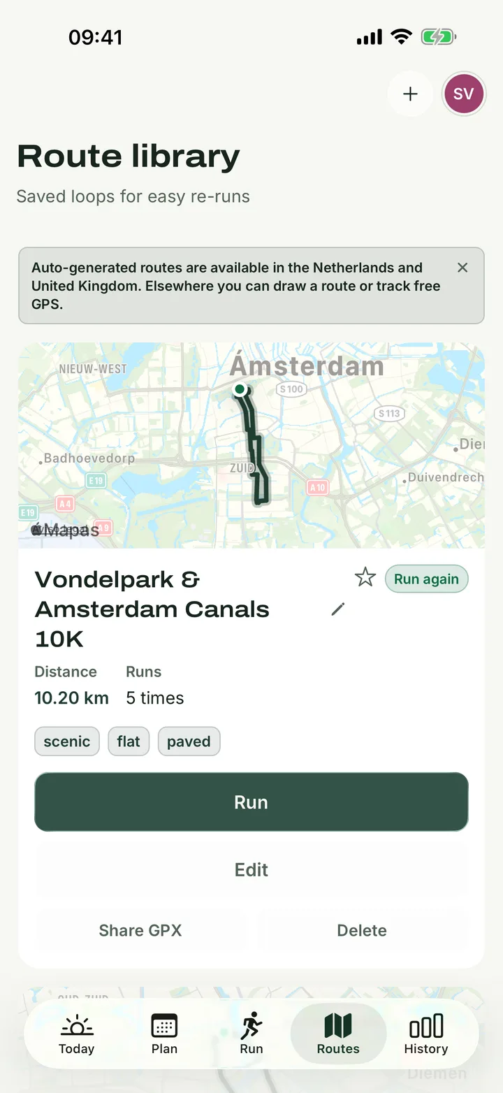 A saved route in the Runapt app