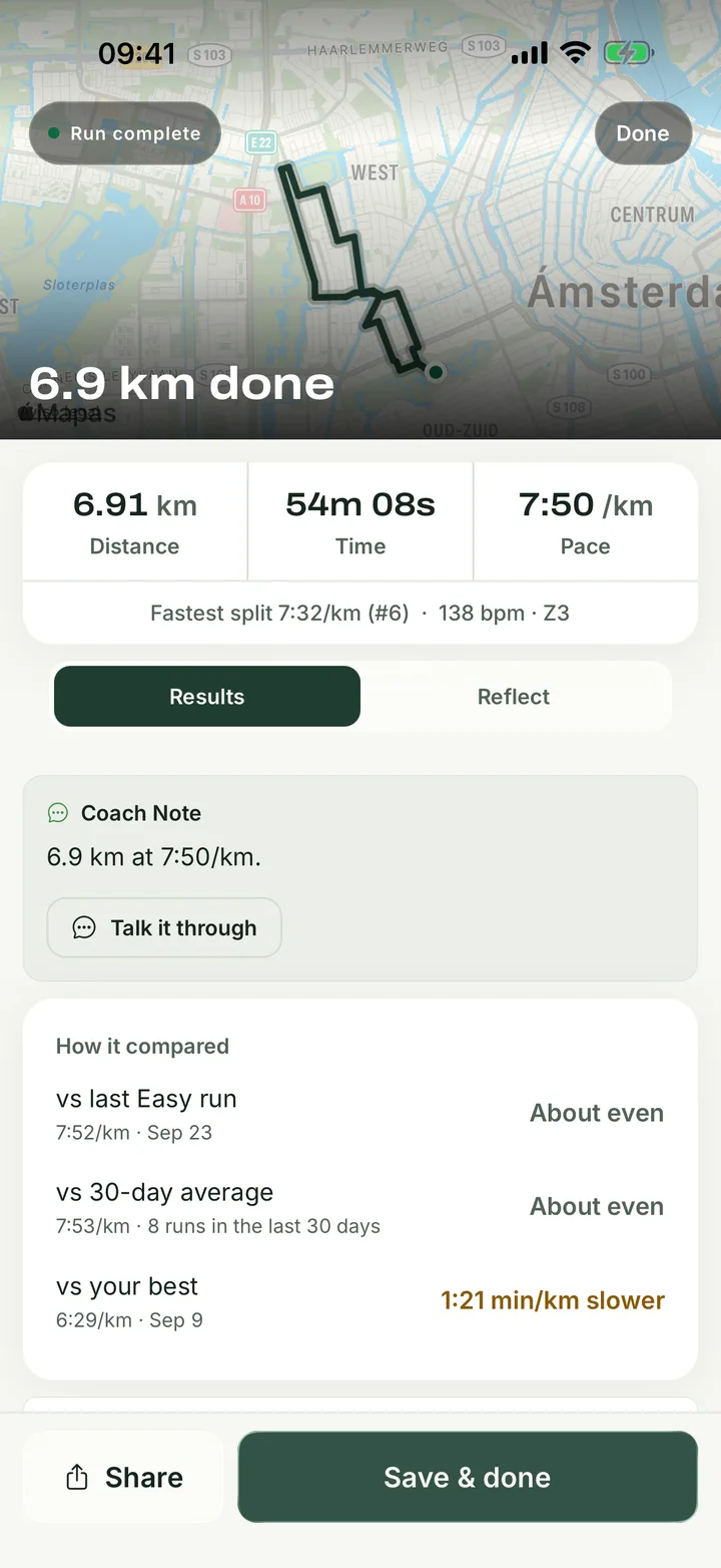Runapt workout recap screen with distance, pace, and coach notes